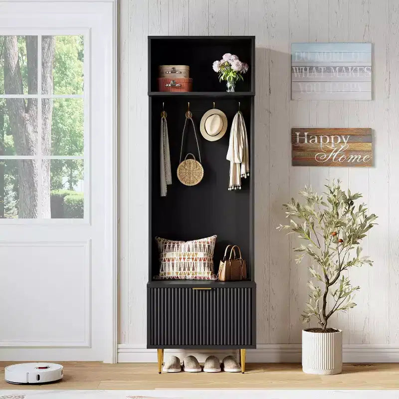 4-in-1 Entryway Bench with Shoe Storage & Coat Rack, 74 Hall Tree Organizer w/ 4 Gold Hooks, Cabinet & Farmhouse Design for Small Spaces