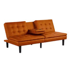 Divano Letto Futon in Similpelle Arancione con Vassoio a Scomparsa e Portabicchieri, 2 Posti
