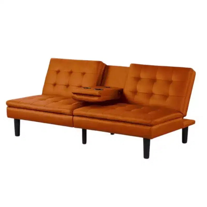 Divano Letto Futon in Similpelle Arancione con Vassoio a Scomparsa e Portabicchieri, 2 Posti