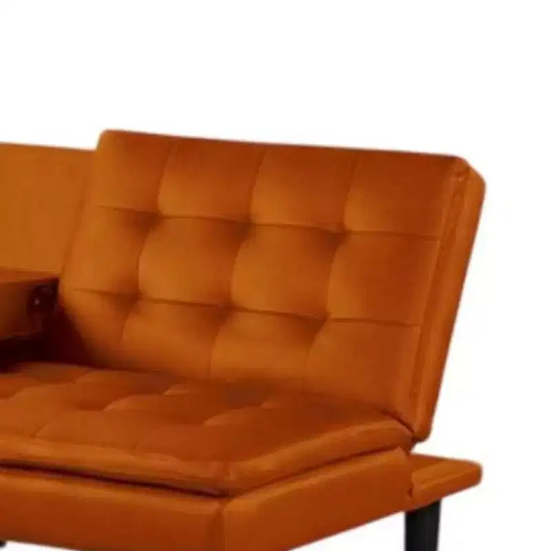 Divano Letto Futon in Similpelle Arancione con Vassoio a Scomparsa e Portabicchieri, 2 Posti