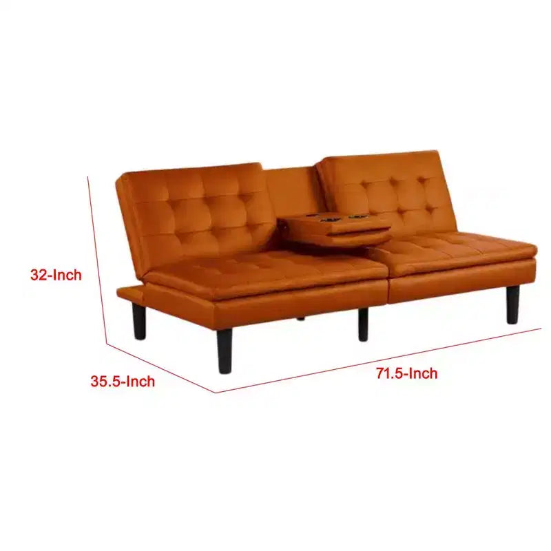 Divano Letto Futon in Similpelle Arancione con Vassoio a Scomparsa e Portabicchieri, 2 Posti
