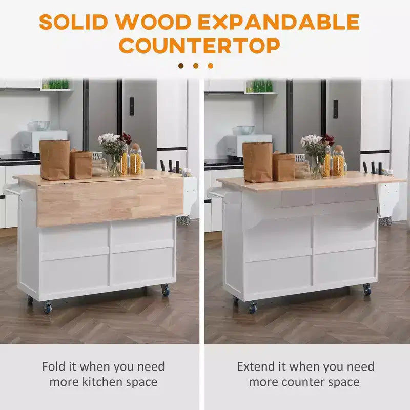 Carrello da cucina bianco con isola, anta a ribalta e contenitore, 1 persona, su ruote