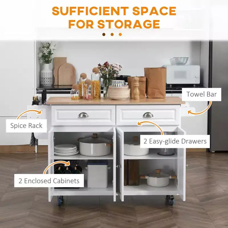 Carrello da cucina bianco con isola, anta a ribalta e contenitore, 1 persona, su ruote