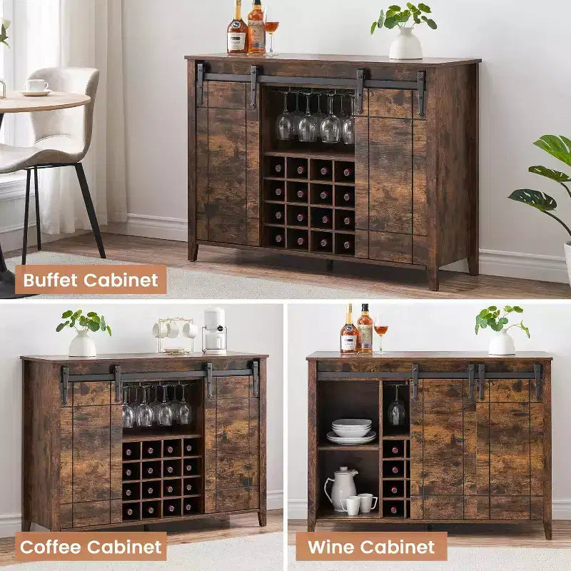 Mobile per vino a forma di porta da fienile da 47" con portabicchieri e portabottiglie, colore fuoco / avorio chiaro / bianco+mango