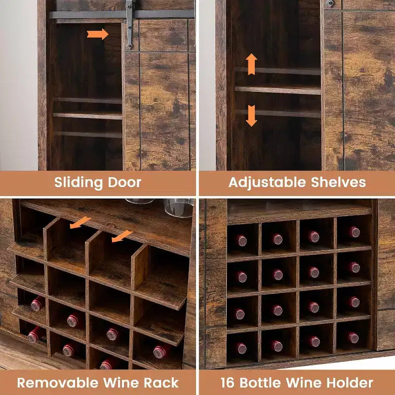 Mobile per vino a forma di porta da fienile da 47" con portabicchieri e portabottiglie, colore fuoco / avorio chiaro / bianco+mango