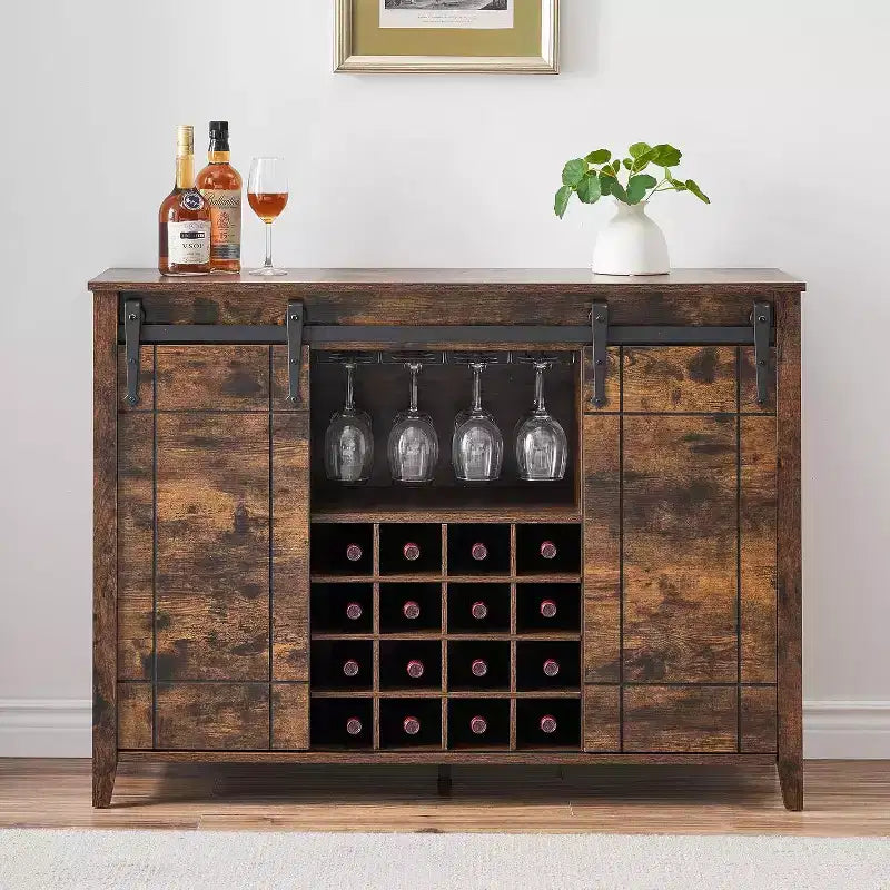 Mobile per vino a forma di porta da fienile da 47" con portabicchieri e portabottiglie, colore fuoco / avorio chiaro / bianco+mango