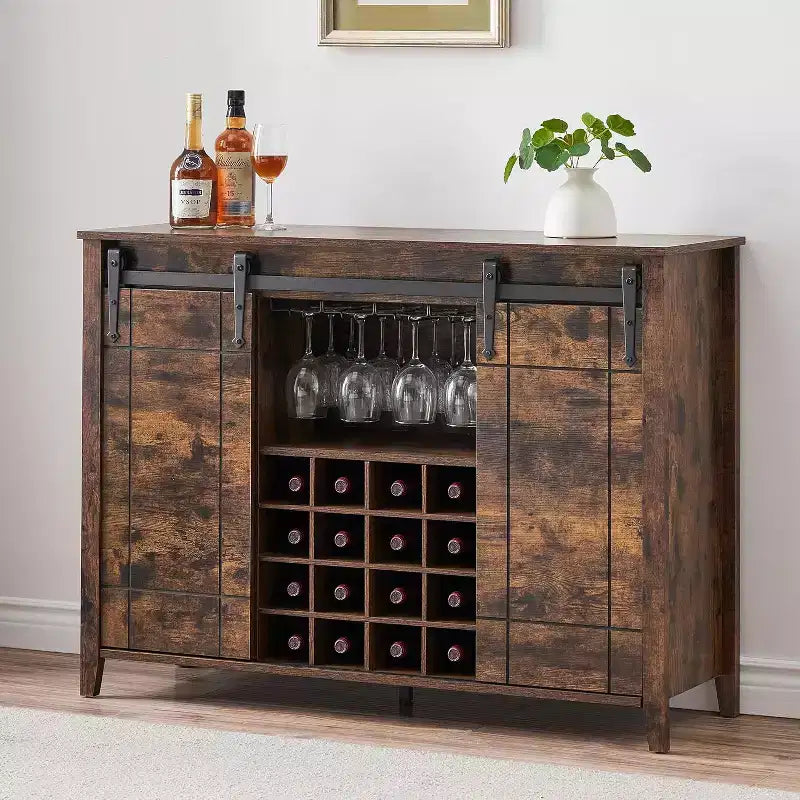 Mobile per vino a forma di porta da fienile da 47" con portabicchieri e portabottiglie, colore fuoco / avorio chiaro / bianco+mango