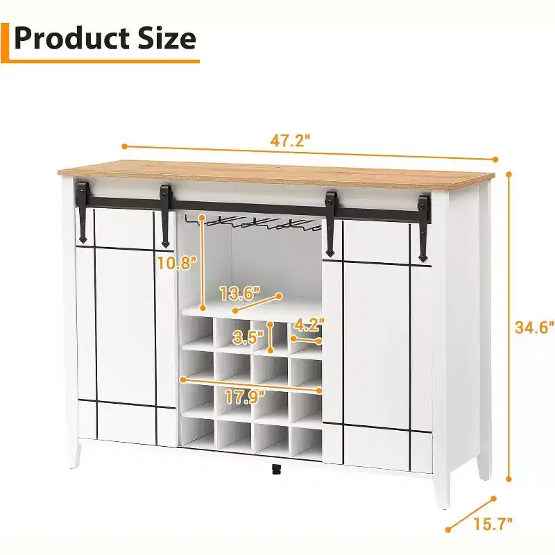Mobile per vino a forma di porta da fienile da 47" con portabicchieri e portabottiglie, colore fuoco / avorio chiaro / bianco+mango