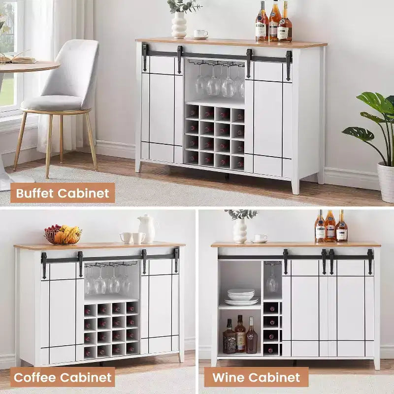 Mobile per vino a forma di porta da fienile da 47" con portabicchieri e portabottiglie, colore fuoco / avorio chiaro / bianco+mango