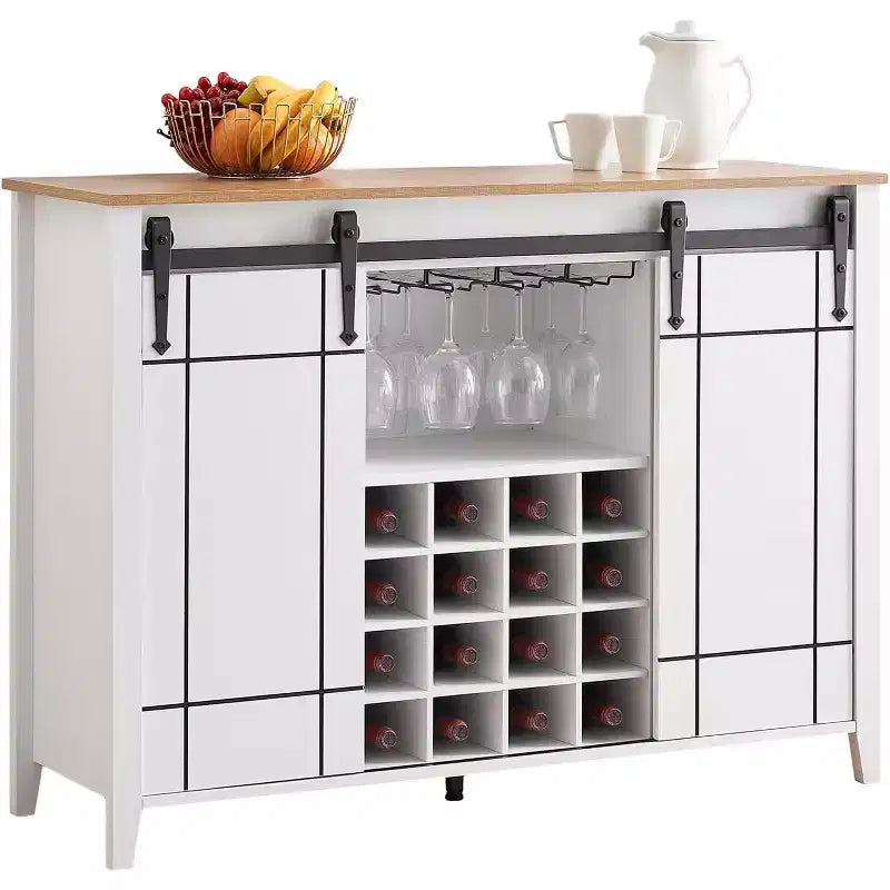 Mobile per vino a forma di porta da fienile da 47" con portabicchieri e portabottiglie, colore fuoco / avorio chiaro / bianco+mango