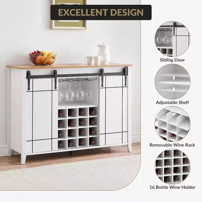 Mobile per vino a forma di porta da fienile da 47" con portabicchieri e portabottiglie, colore fuoco / avorio chiaro / bianco+mango