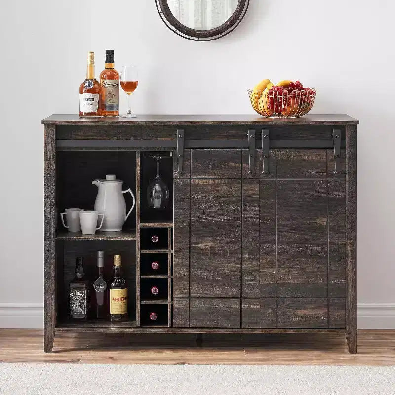 Mobile per vino a forma di porta da fienile da 47" con portabicchieri e portabottiglie, colore fuoco / avorio chiaro / bianco+mango