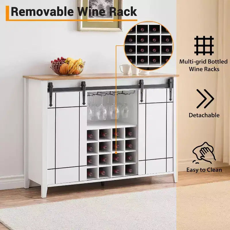 Mobile per vino a forma di porta da fienile da 47" con portabicchieri e portabottiglie, colore fuoco / avorio chiaro / bianco+mango