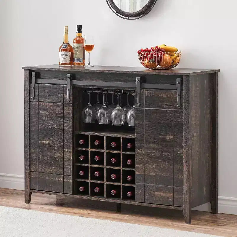 Mobile per vino a forma di porta da fienile da 47" con portabicchieri e portabottiglie, colore fuoco / avorio chiaro / bianco+mango