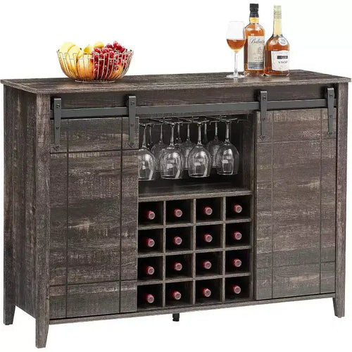47 Wooden Wine Bar Cabinet with Sliding Door, Modern Liquor Whiskey Coffee Station with Wine Rack&Glass Holder