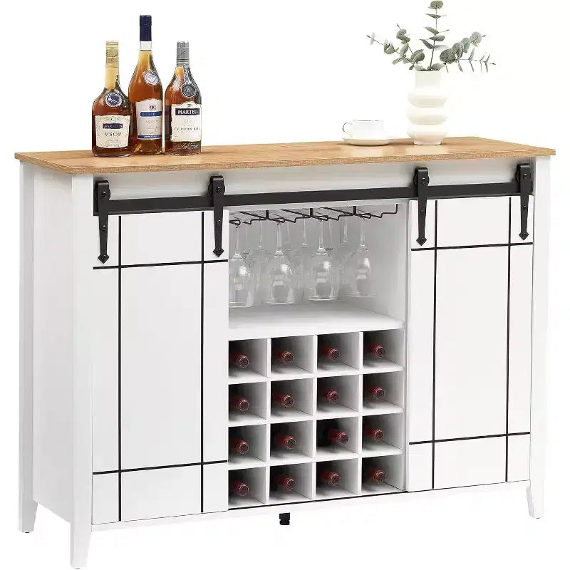 Mobile per vino a forma di porta da fienile da 47" con portabicchieri e portabottiglie, colore fuoco / avorio chiaro / bianco+mango