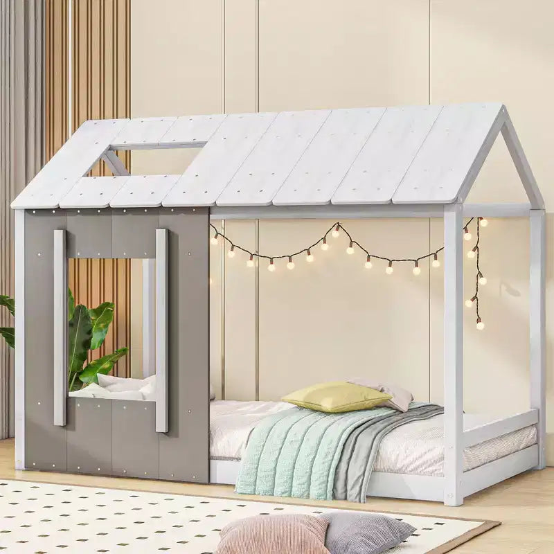 Bellemave Twin Size House Platform Bed with Roof and Window, Solid Wood Frame, Modern Playhouse Design, White and Antique Grey, Easy Assembly