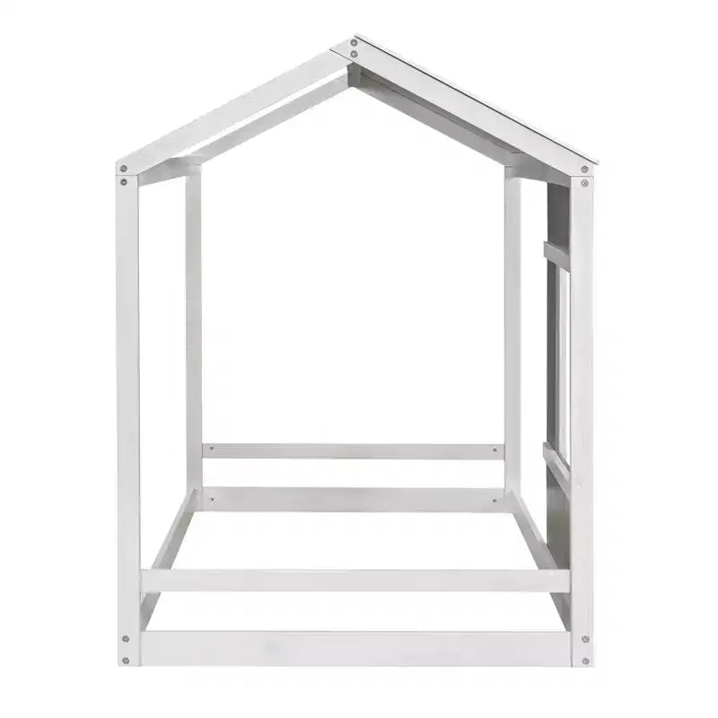 Letto a piattaforma a forma di casa, per bambino, singolo, bianco e grigio anticato, struttura in legno di pino
