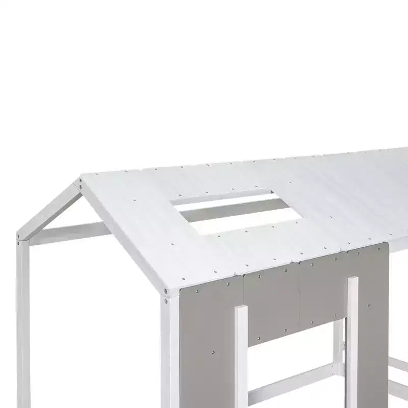 Letto a piattaforma a forma di casa, per bambino, singolo, bianco e grigio anticato, struttura in legno di pino