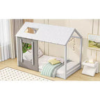 Letto a piattaforma a forma di casa, per bambino, singolo, bianco e grigio anticato, struttura in legno di pino