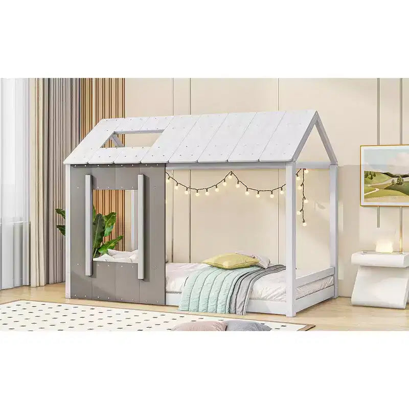 Letto a piattaforma a forma di casa, per bambino, singolo, bianco e grigio anticato, struttura in legno di pino