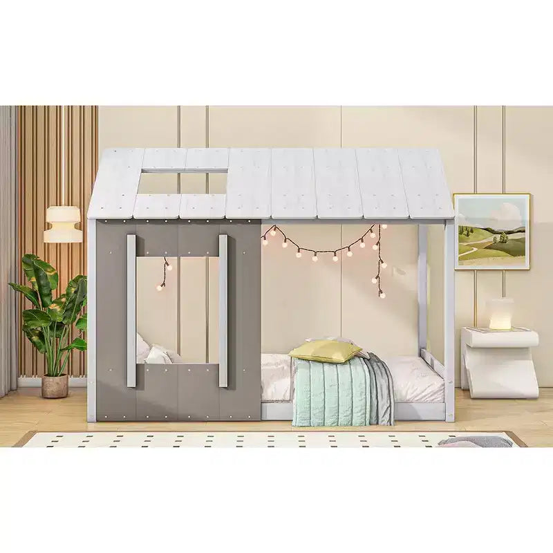 Letto a piattaforma a forma di casa, per bambino, singolo, bianco e grigio anticato, struttura in legno di pino