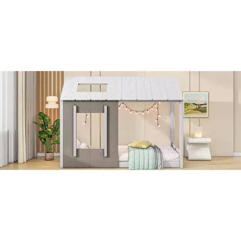 Letto a piattaforma a forma di casa, per bambino, singolo, bianco e grigio anticato, struttura in legno di pino