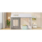 Letto a piattaforma a forma di casa, per bambino, singolo, bianco e grigio anticato, struttura in legno di pino
