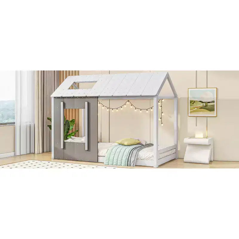 Letto a piattaforma a forma di casa, per bambino, singolo, bianco e grigio anticato, struttura in legno di pino