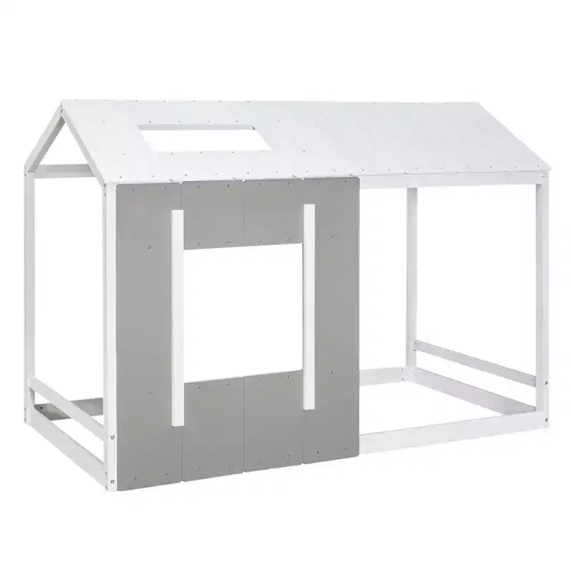 Letto a piattaforma a forma di casa, per bambino, singolo, bianco e grigio anticato, struttura in legno di pino