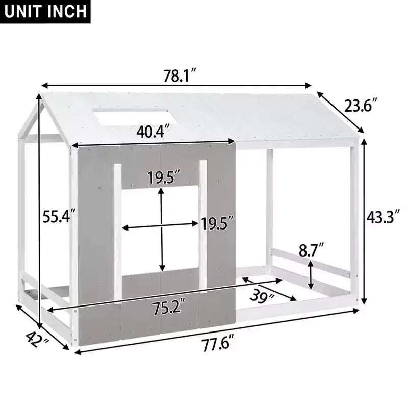 Letto a piattaforma a forma di casa, per bambino, singolo, bianco e grigio anticato, struttura in legno di pino