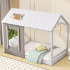 Letto a piattaforma a forma di casa, per bambino, singolo, bianco e grigio anticato, struttura in legno di pino