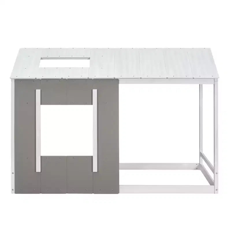 Letto a piattaforma a forma di casa, per bambino, singolo, bianco e grigio anticato, struttura in legno di pino