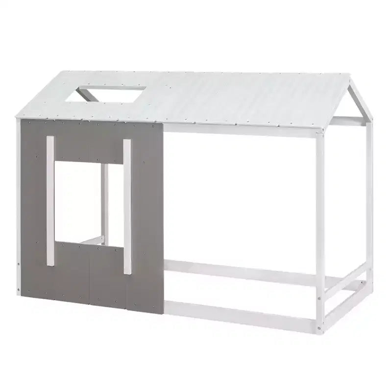 Letto a piattaforma a forma di casa, per bambino, singolo, bianco e grigio anticato, struttura in legno di pino