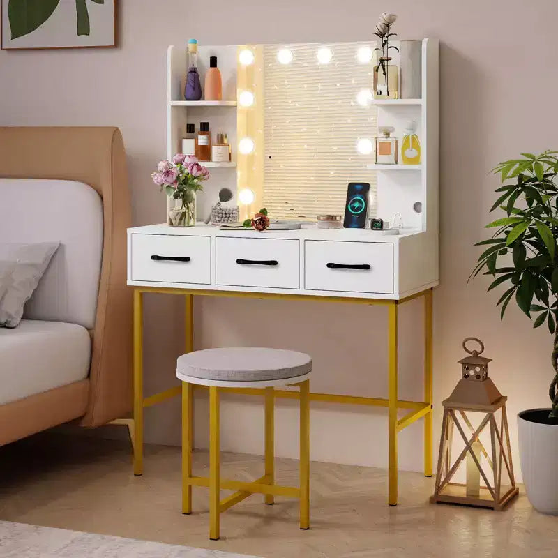 Set di toeletta bianco illuminato con specchio e sgabello, 1 persona