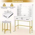 Set di toeletta bianco illuminato con specchio e sgabello, 1 persona