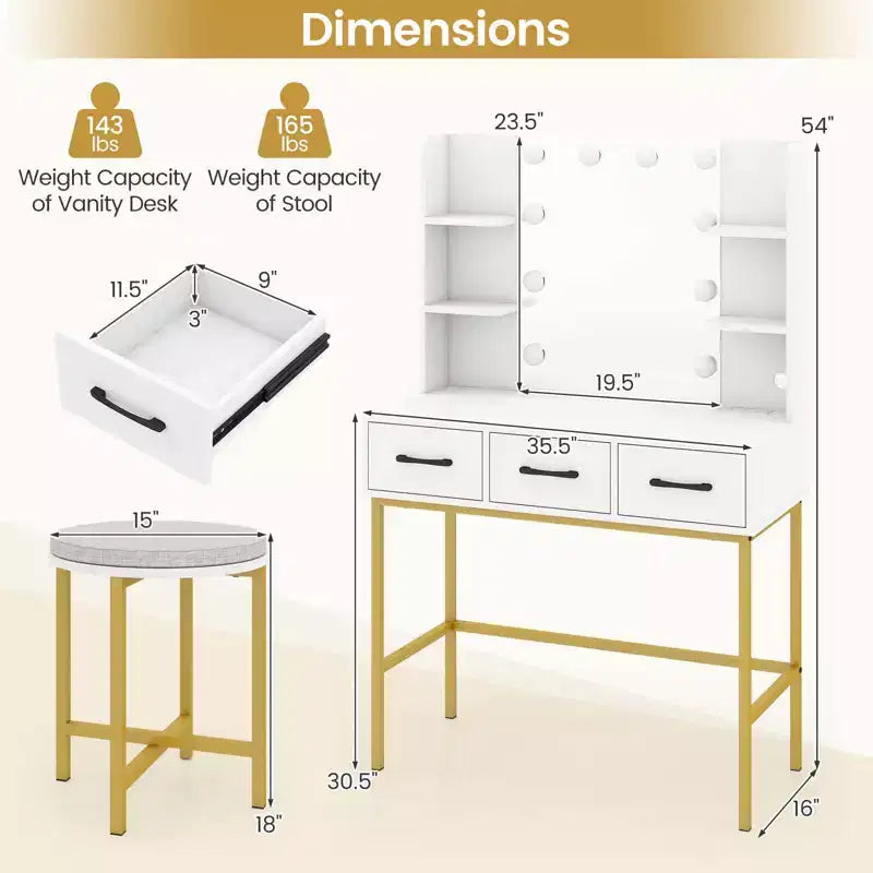 Set di toeletta bianco illuminato con specchio e sgabello, 1 persona