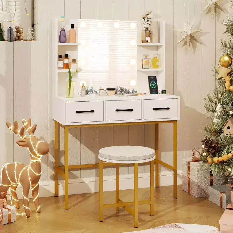 Set di toeletta bianco illuminato con specchio e sgabello, 1 persona