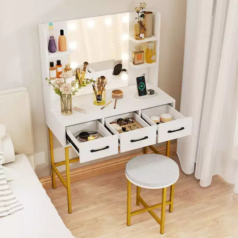 Set di toeletta bianco illuminato con specchio e sgabello, 1 persona