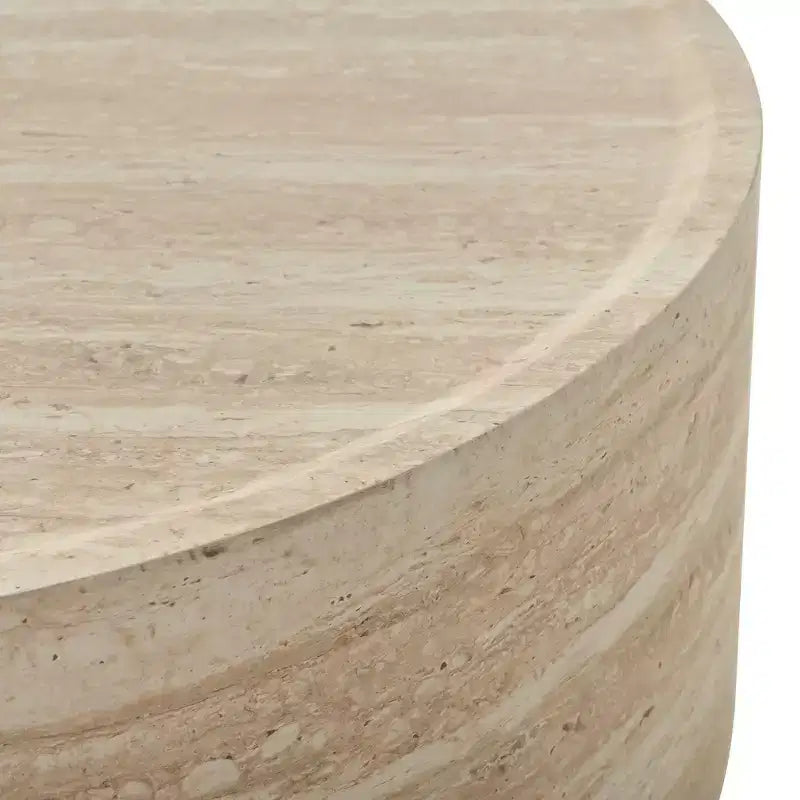 Tavolino rotondo beige a tamburo, piano effetto marmo, 2 misure