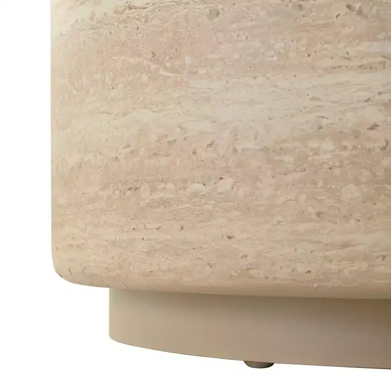 Tavolino rotondo beige a tamburo, piano effetto marmo, 2 misure