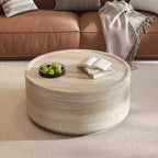Tavolino rotondo beige a tamburo, piano effetto marmo, 2 misure