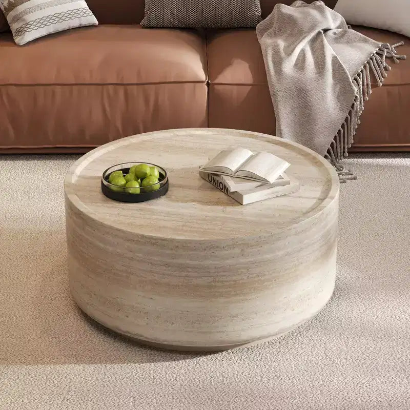 Tavolino rotondo beige a tamburo, piano effetto marmo, 2 misure