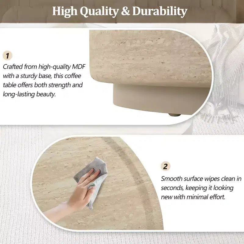 Tavolino rotondo beige a tamburo, piano effetto marmo, 2 misure