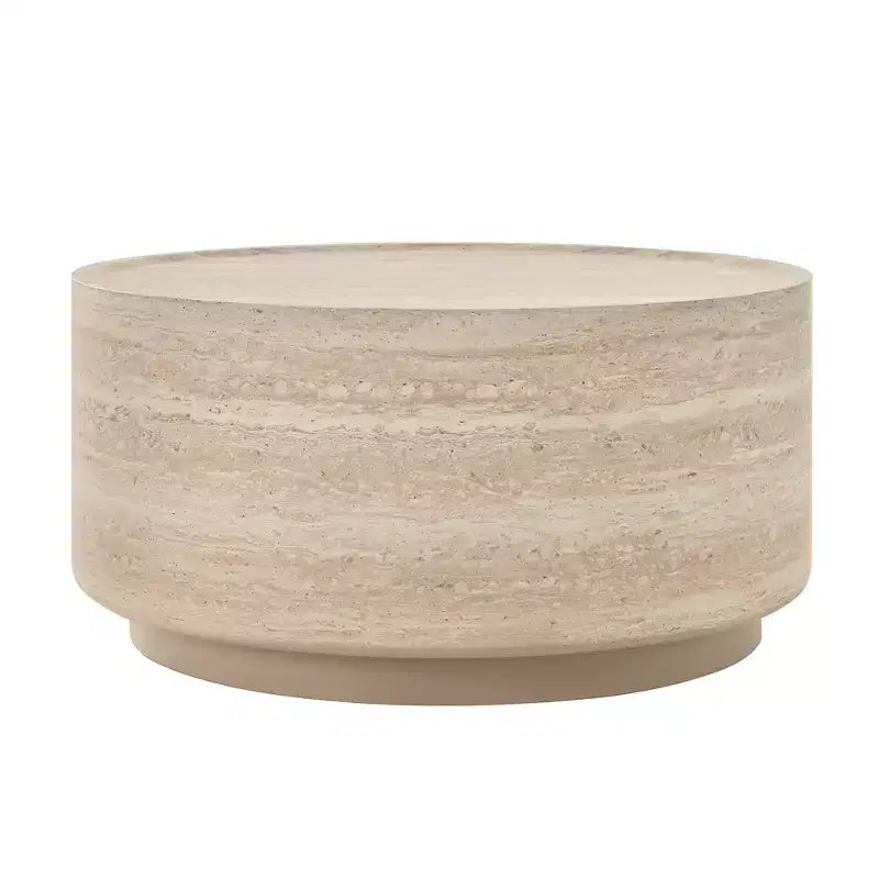Tavolino rotondo beige a tamburo, piano effetto marmo, 2 misure