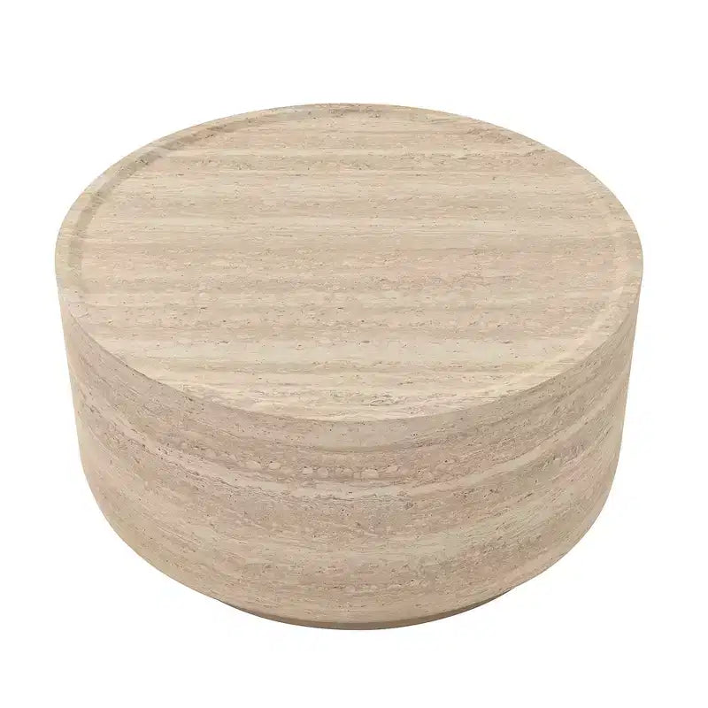 Tavolino rotondo beige a tamburo, piano effetto marmo, 2 misure