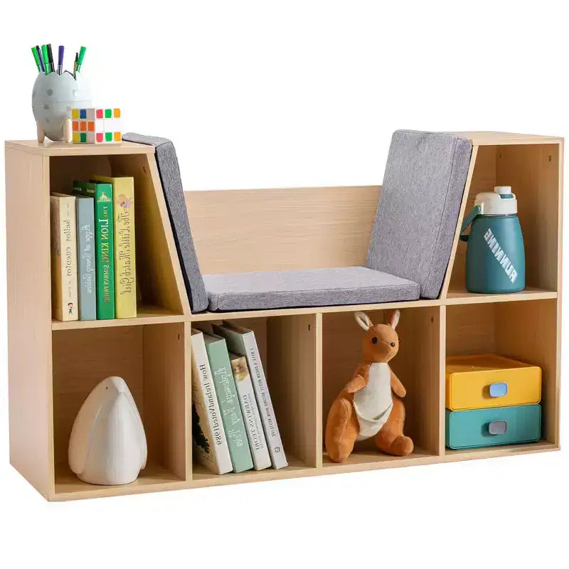 Panca portaoggetti per bambini a 6 scomparti con cuscino, Grigio/Naturale, 1 bambino