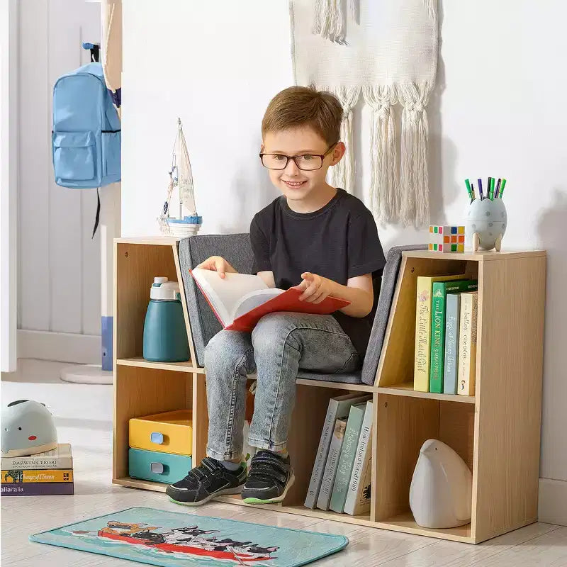 Panca portaoggetti per bambini a 6 scomparti con cuscino, Grigio/Naturale, 1 bambino