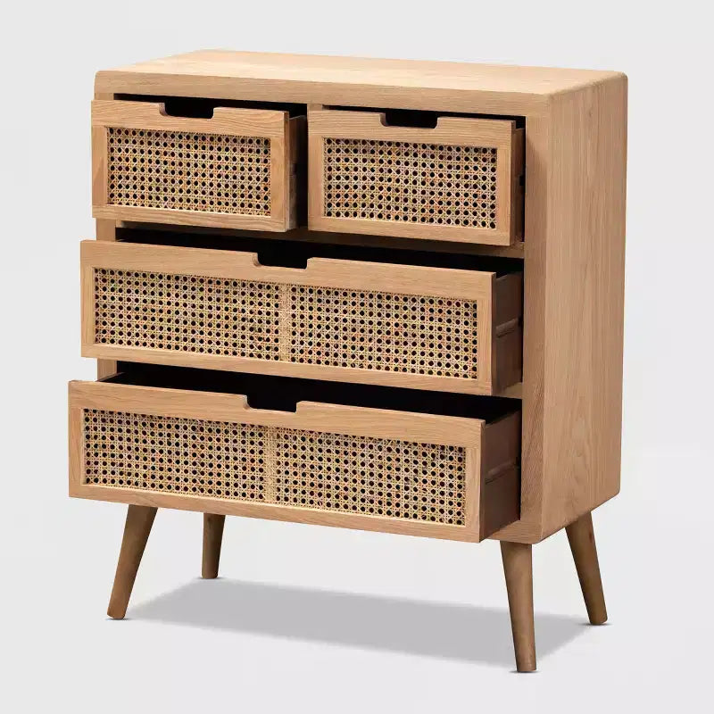 Cassettiera a 4 cassetti in rovere – Legno e rattan, montaggio a 1 persona