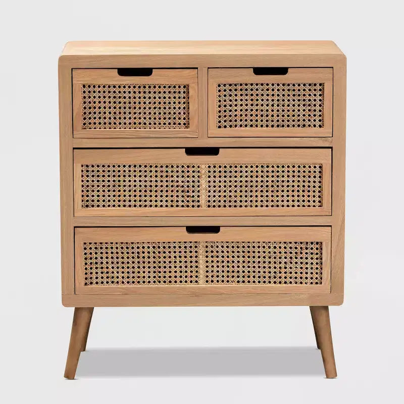 Cassettiera a 4 cassetti in rovere – Legno e rattan, montaggio a 1 persona